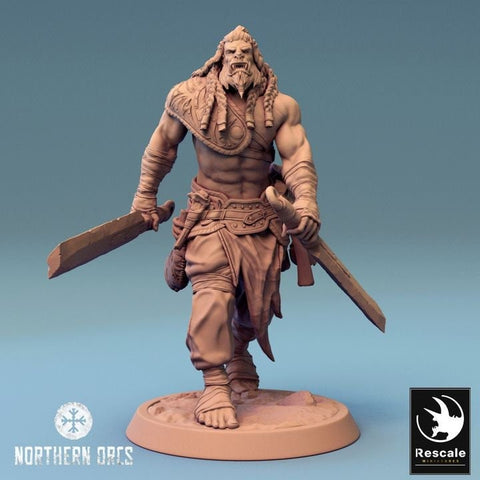 Orc Fighter Barbarian Two Swords, Half-Orc | Scales: 28mm,32mm , 54mm,75mm,100mm Megaboss | Dungeons & Dragons 5e | Pathfinder