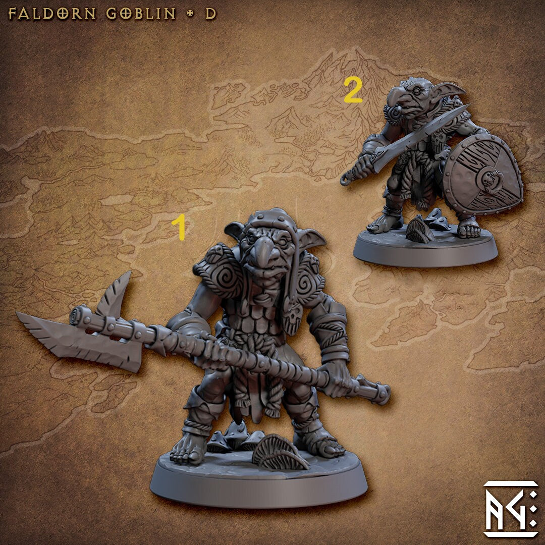 Goblin Fighter Sword and Shield, Goblin polearm | 28mm, 32mm Scale, 54 tall, 75 tall Resin Miniature | Dungeons and Dragons | Artisan Guild