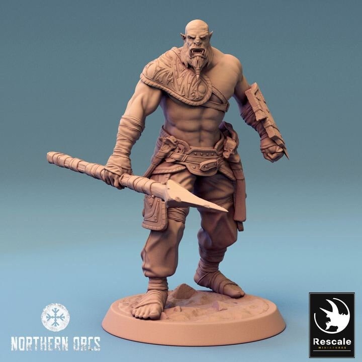 Orc Fighter Barbarian w/ Spear, Half-Orc | Scales: 28mm,32mm ,,54mm,75mm,100mm Megaboss | Dungeons &amp; Dragons 5e |Pathfinder