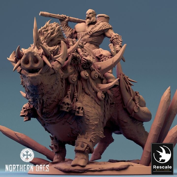Orc Fighter on Giant Boar w/ Hammer & Axe, Orc Chieftain | Dungeons and Dragons 5e | 28mm,32mm, 54mm, 75mm Scale | Pathfinder | LOP