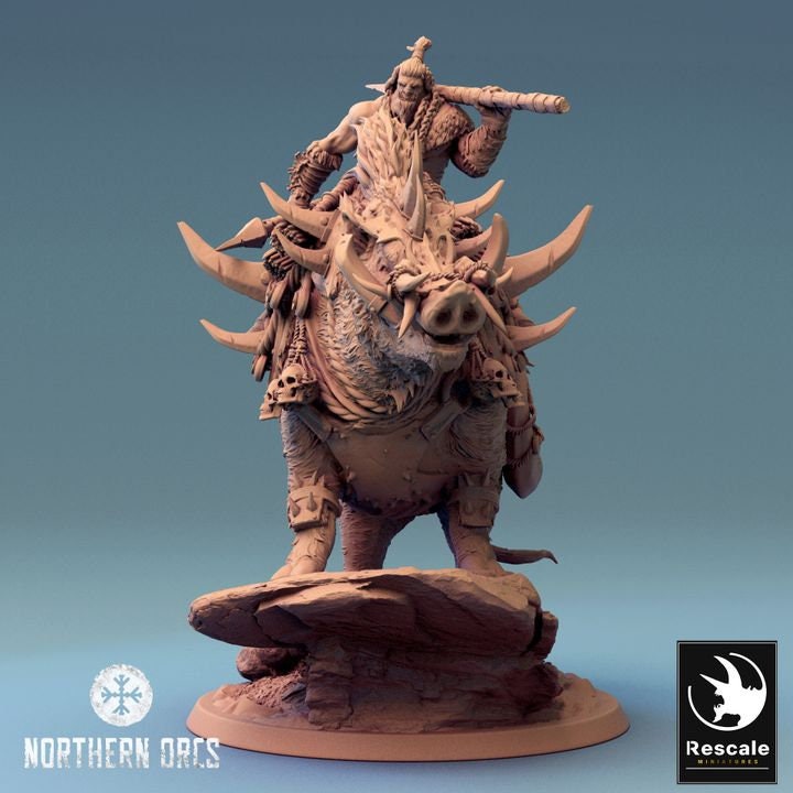 Orc Fighter on Giant Boar w/ Hammer &amp; Axe, Orc Chieftain | Dungeons and Dragons 5e | 28mm,32mm, 54mm, 75mm Scale | Pathfinder | LOP