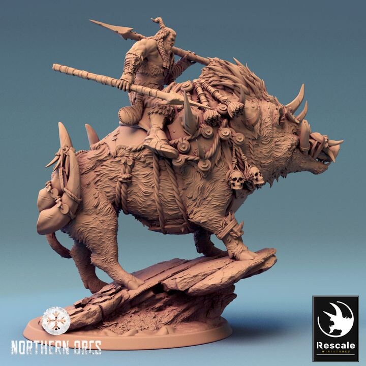 Orc Fighter on Giant Boar w/ Hammer &amp; Axe, Orc Chieftain | Dungeons and Dragons 5e | 28mm,32mm, 54mm, 75mm Scale | Pathfinder | LOP