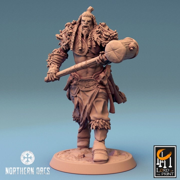 Orc Fighter Barbarian Battle Hammer, Half-Orc | Scales: 28mm,32mm ,54mm,75mm,100mm Megaboss | Dungeons & Dragons 5e | Pathfinder