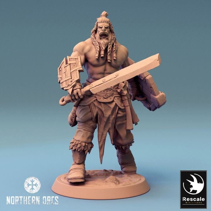 Orc Fighter Barbarian Warcry Sword and Shield, Half-Orc | Scales: 28mm,32mm , 54mm,75mm,100mm Megaboss | Dungeons &amp; Dragons 5e | Pathfinder