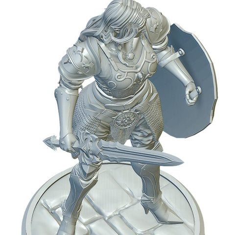 Female Paladin, Fighter Sword and Shield Plate Armor D&D 5e Mini | 28mm, 32mm,54mm,75mm,100mm Scales | Dungeons and Dragons Pathfinder |