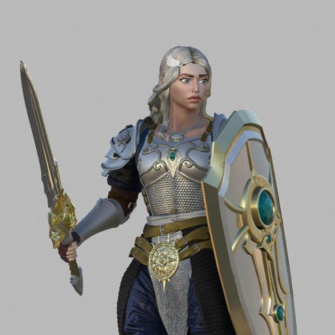 Female Paladin, Fighter Sword and Shield Plate Armor D&D 5e Mini | 28mm, 32mm,54mm,75mm,100mm Scales | Dungeons and Dragons Pathfinder |