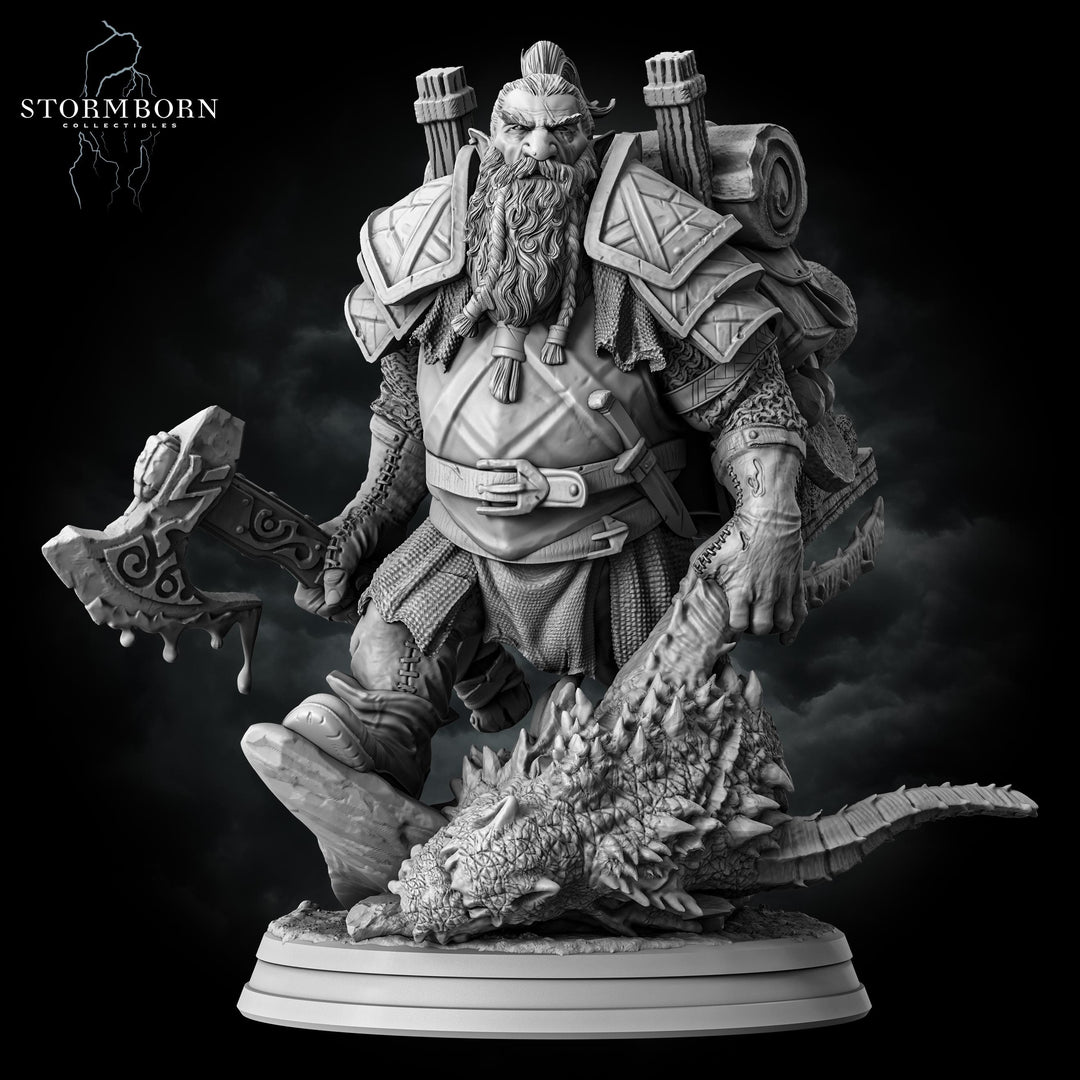 Dwarf Fighter Dragon Hunter (Baby dragon :) ) PC / NPC | 28mm,32mm,54mm,75mm,100mm Scales | Player Character Mini D&amp;D 5e Pathfinder Figurine
