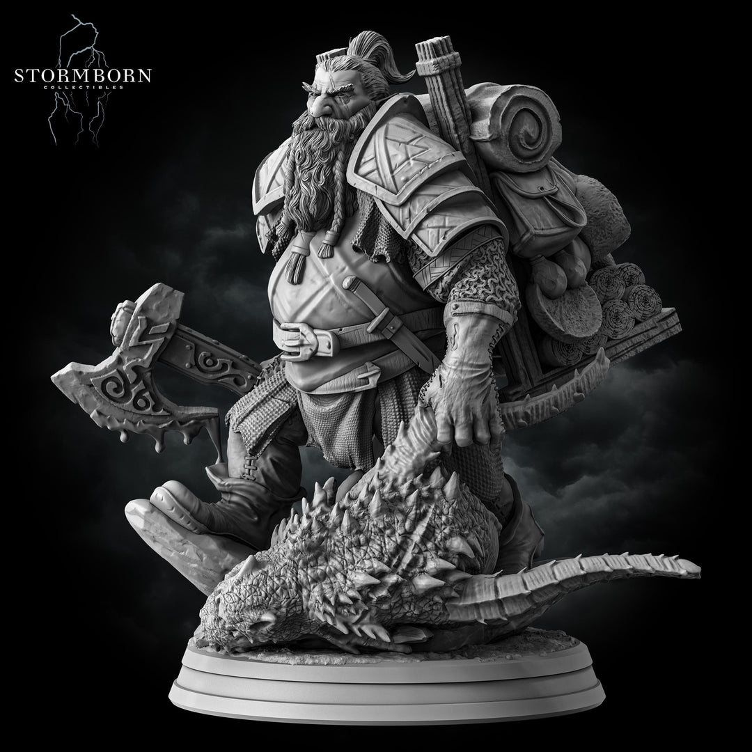 Dwarf Fighter Dragon Hunter (Baby dragon :) ) PC / NPC | 28mm,32mm,54mm,75mm,100mm Scales | Player Character Mini D&amp;D 5e Pathfinder Figurine
