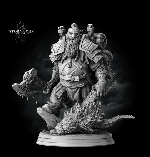 Dwarf Fighter Dragon Hunter (Baby dragon :) ) PC / NPC | 28mm,32mm,54mm,75mm,100mm Scales | Player Character Mini D&D 5e Pathfinder Figurine