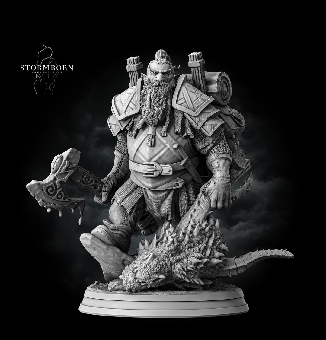 Dwarf Fighter Dragon Hunter (Baby dragon :) ) PC / NPC | 28mm,32mm,54mm,75mm,100mm Scales | Player Character Mini D&D 5e Pathfinder Figurine