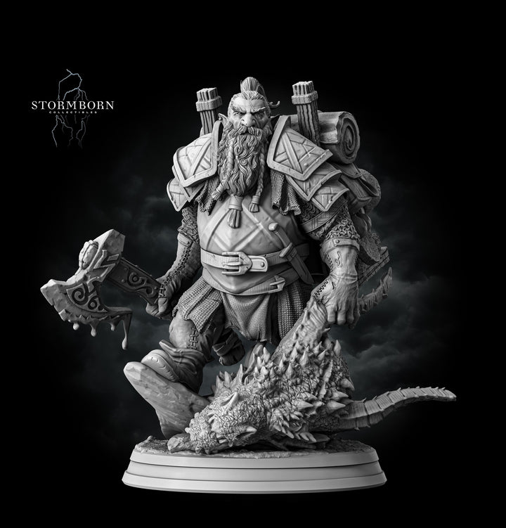 Dwarf Fighter Dragon Hunter (Baby dragon :) ) PC / NPC | 28mm,32mm,54mm,75mm,100mm Scales | Player Character Mini D&amp;D 5e Pathfinder Figurine
