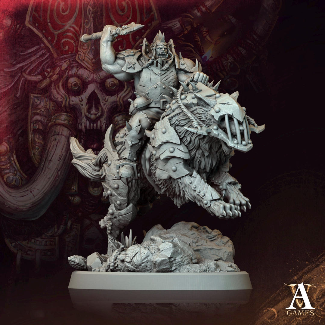 Orc Fighter Barbarian on Giant Dire Wolf, Half-Orc | Scales: 28mm,32mm ,54mm,75mm,100mm Megaboss | D&D 5e | Pathfinder | Achvillain Games