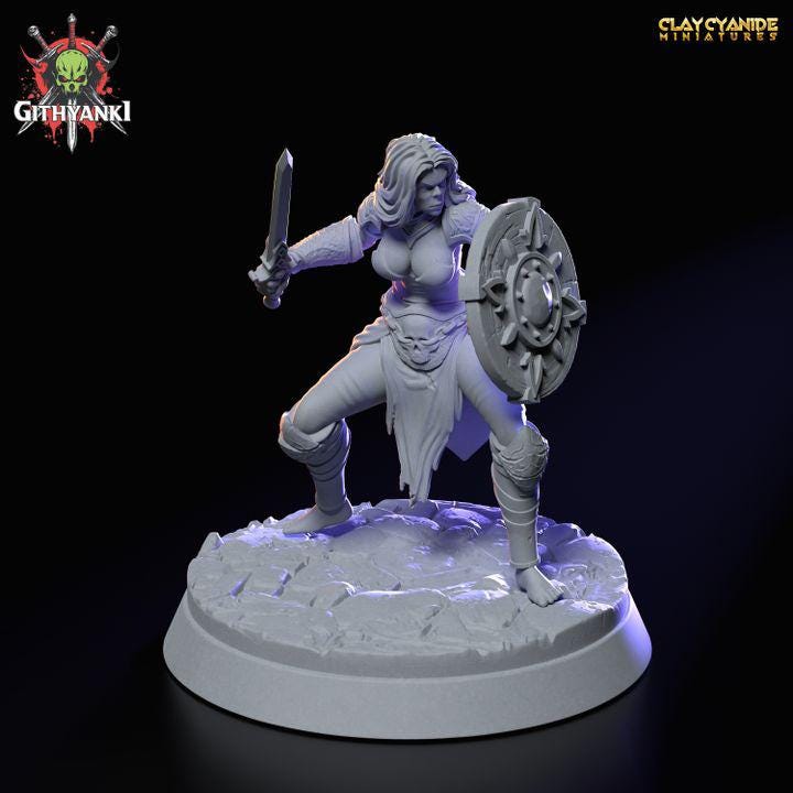 Githyanki Female Fighter Sword and Shield | UNPAINTED Resin Miniature | 28mm, 32mm,54mm,75mm,100mm Scale |Dungeons &amp; Dragons| Clay Cyanide