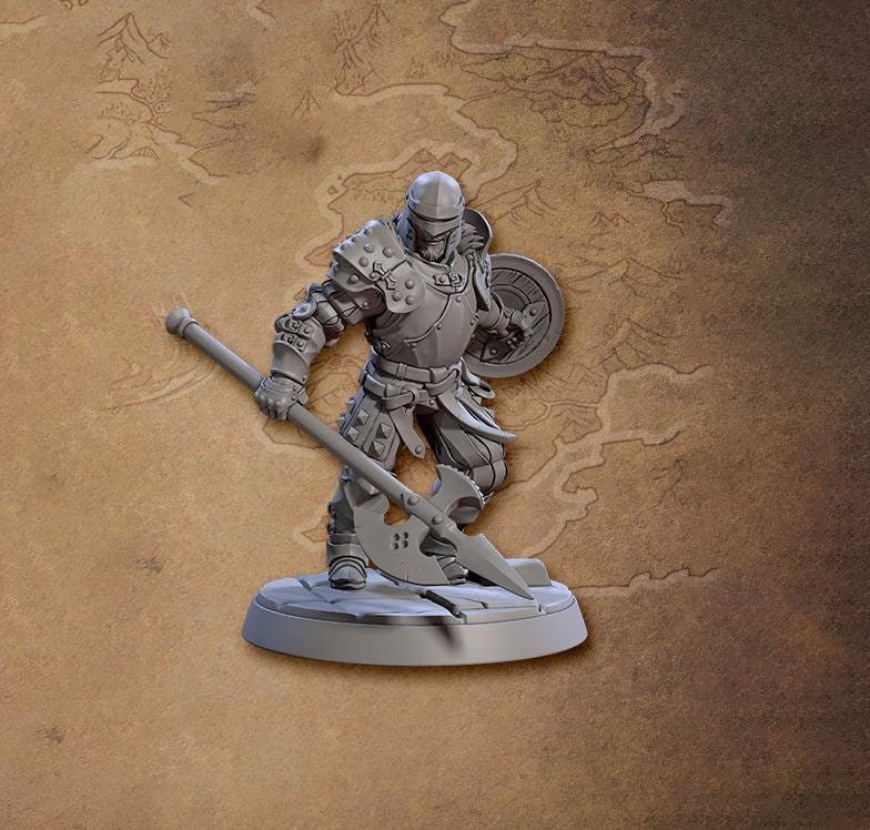 Human Fighter, Polearm Shield Platemail | 28mm,32mm,54mm,75mm,100mm Scale Resin Miniature Dungeons and Dragons D&D Pathfinder |Artisan Guild