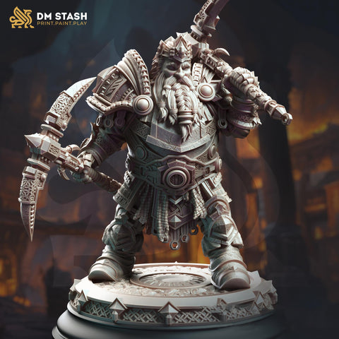 Dwarf Fighter General Dual PickAxes | Unpainted Miniature 28mm, 32mm,54mm,75mm, 100mm Scales | Dungeons & Dragons 5e Pathfinder | DM Stash