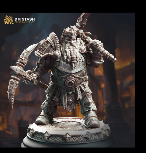 Dwarf Fighter General Dual PickAxes | Unpainted Miniature 28mm, 32mm,54mm,75mm, 100mm Scales | Dungeons & Dragons 5e Pathfinder | DM Stash