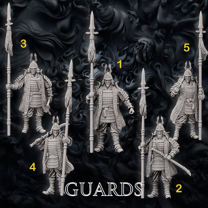 Samurai Guards Set, Fighter Battle Master, Samurai, Polearm Master | DnD Unpainted Miniature 28mm,32mm,54mm,75mm,100mm Scale Figure DnD mini