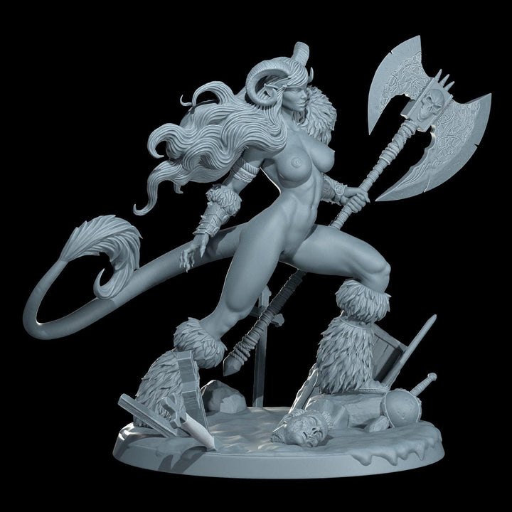Female Tiefling Barbarian, Fighter, Ranger, PC NPC Miniature | NSFW Topless &amp; Nude versions | 28mm, 32mm,54mm, 75mm, 100mm Scales |DnD 5e