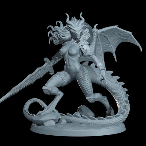 Female Dragonborn Fighter, Barbarian, Ranger, PC NPC Miniature | NSFW Topless & Nude versions | 28mm, 32mm,54mm, 75mm, 100mm Scales |DnD 5e