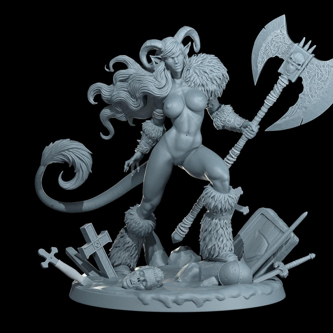 Female Tiefling Barbarian, Fighter, Ranger, PC NPC Miniature | NSFW Topless &amp; Nude versions | 28mm, 32mm,54mm, 75mm, 100mm Scales |DnD 5e