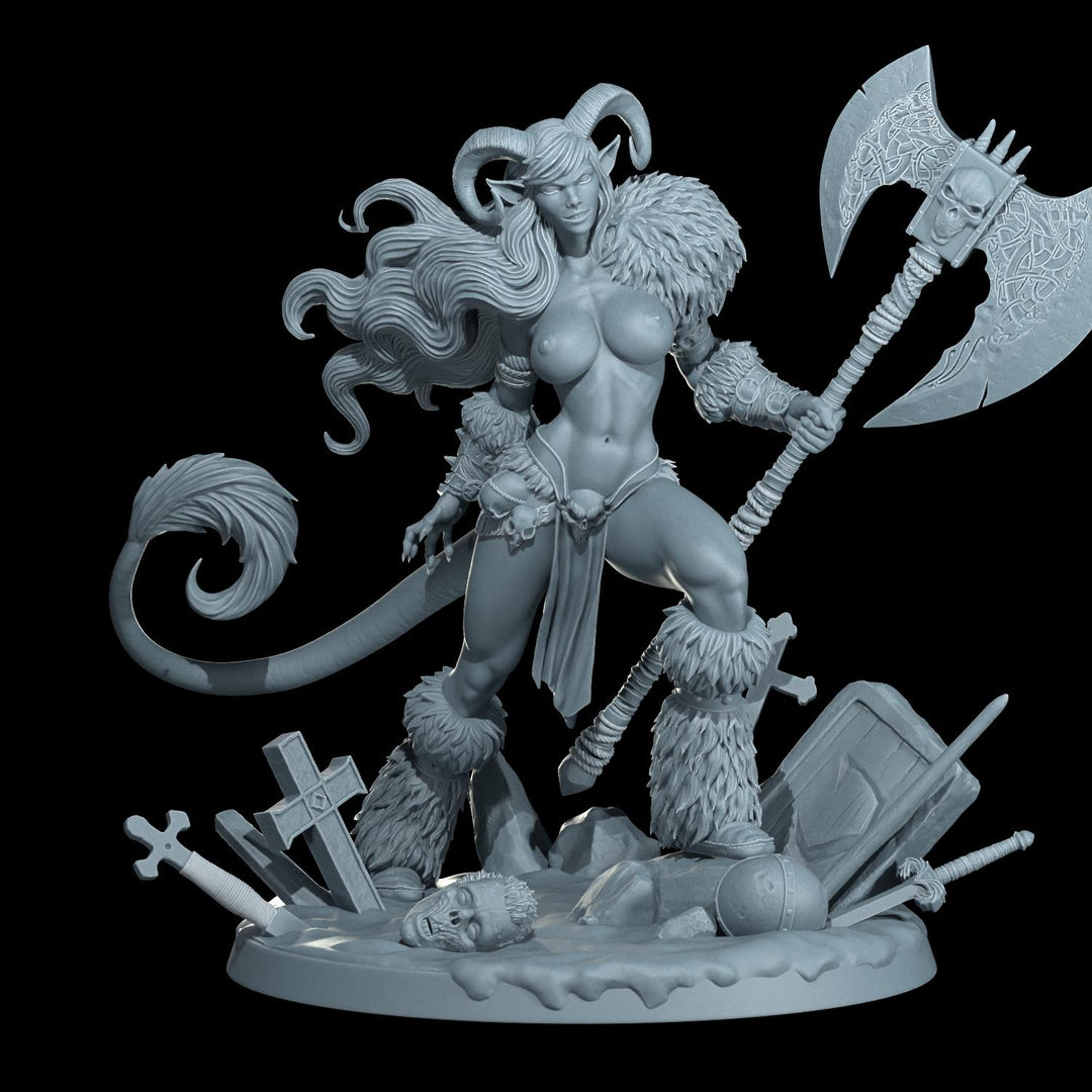 Female Tiefling Barbarian, Fighter, Ranger, PC NPC Miniature | NSFW Topless &amp; Nude versions | 28mm, 32mm,54mm, 75mm, 100mm Scales |DnD 5e