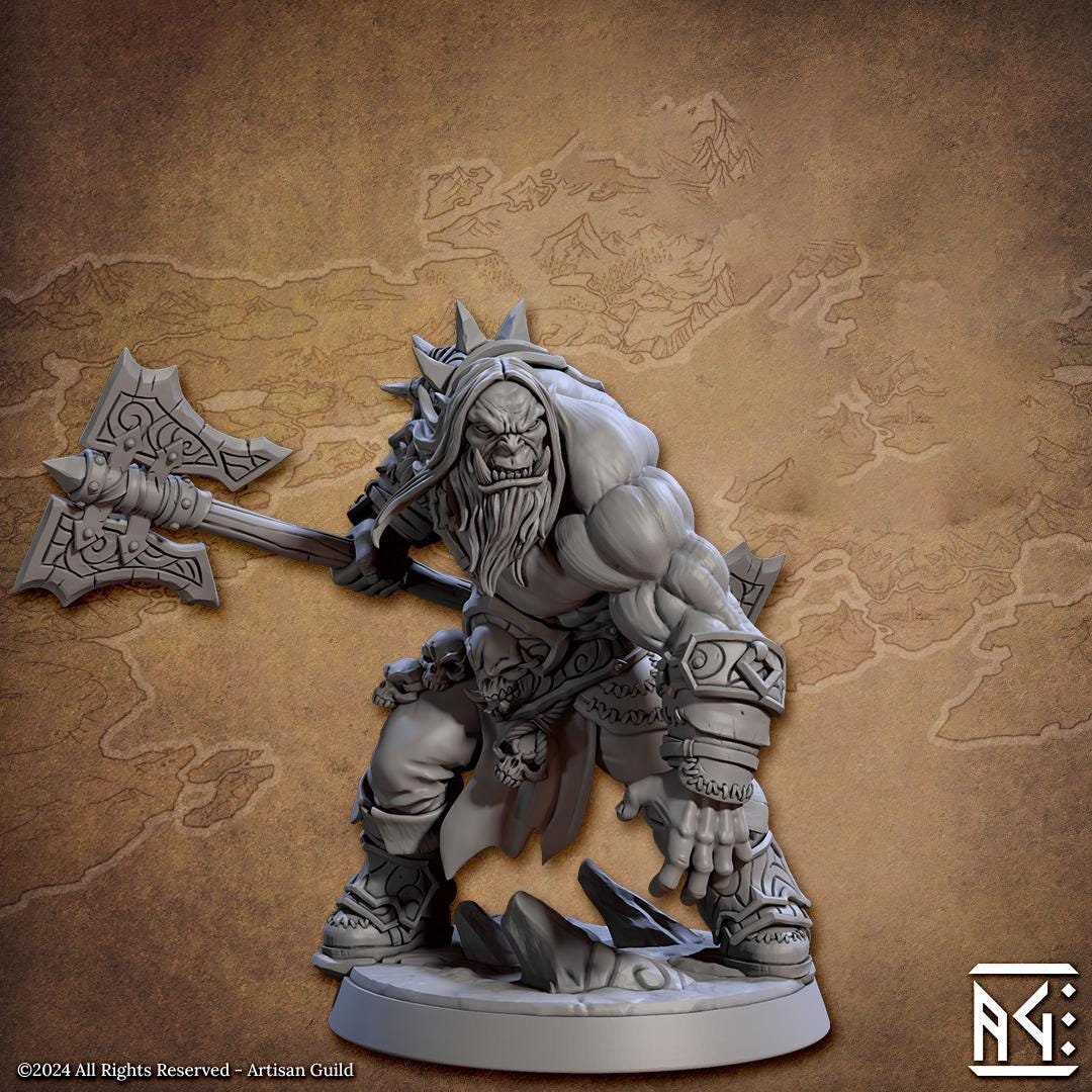 Orc Fighter Barbarian with Double Side Battle Axe DnD | 28mm, 32mm, 54mm, 75mm Scale Miniature | Dungeons and Dragons | Artisan Guild