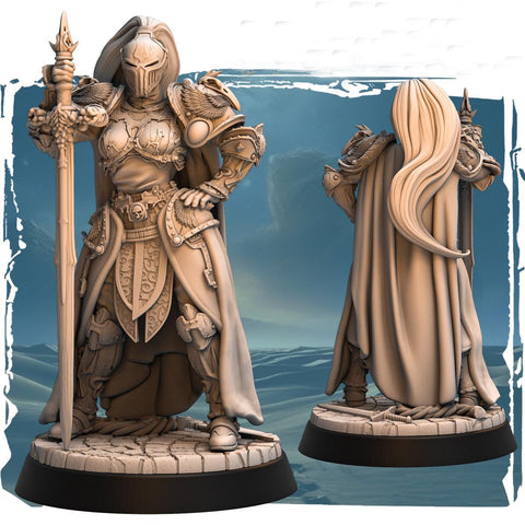 Female Paladin, Fighter, Crusader Knight, Sword D&D 5e Mini | 28mm, 32mm,54mm,75mm,100mm Scales | Dungeons and Dragons Pathfinder |