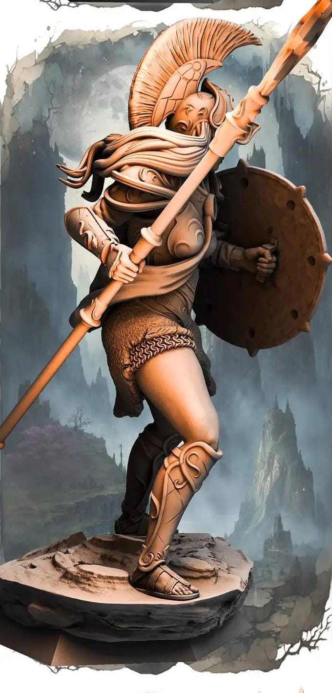 Female Battlemaster Fighter, Spear and Shield D&amp;D 5e Mini | 28mm, 32mm,54mm,75mm,100mm Scales | Dungeons and Dragons Pathfinder |