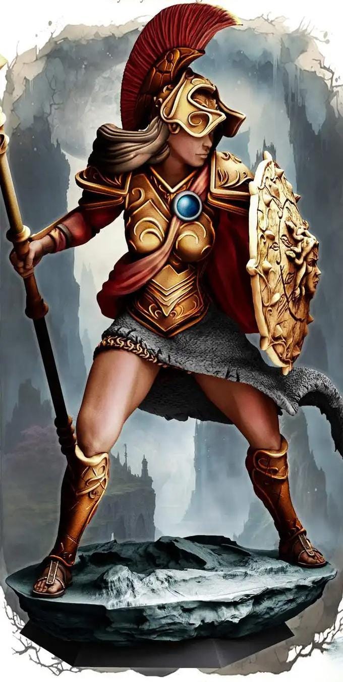 Female Battlemaster Fighter, Spear and Shield D&amp;D 5e Mini | 28mm, 32mm,54mm,75mm,100mm Scales | Dungeons and Dragons Pathfinder |