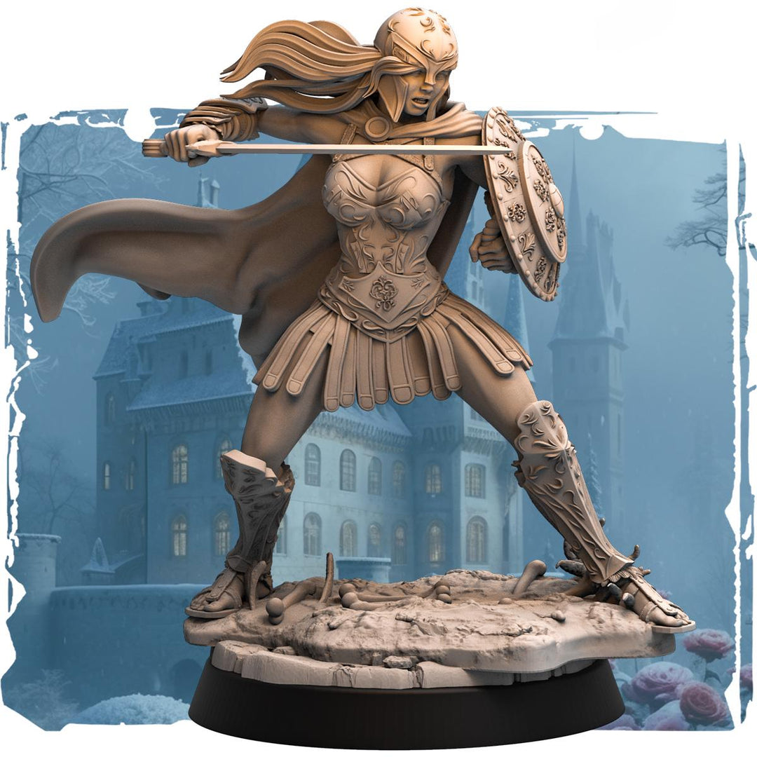 Female Battlemaster Fighter, Sword and Shield D&amp;D 5e Mini | 28mm, 32mm,54mm,75mm,100mm Scales | Dungeons and Dragons Pathfinder |