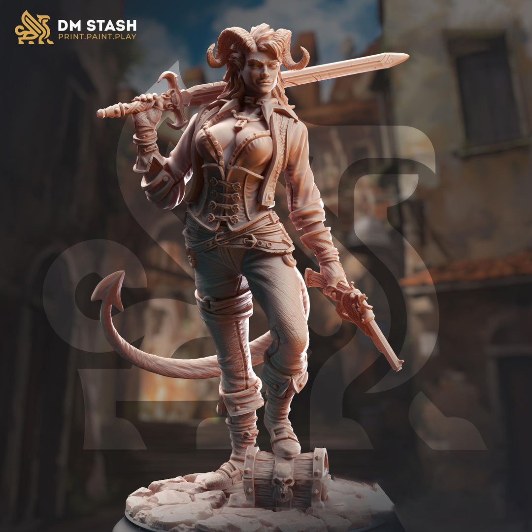 Female Tiefling, Rogue, Fighter Swashbuckler Gunslinger D&amp;D | 28mm, 32mm,54mm,75mm,100mm Scales | Dungeons and Dragons Pathfinder | DM Stash