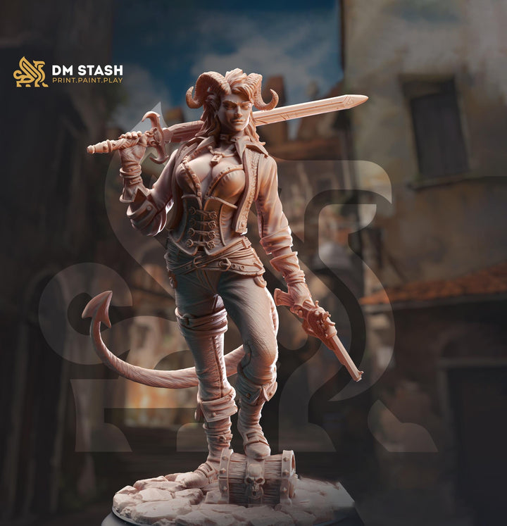 Female Tiefling, Rogue, Fighter Swashbuckler Gunslinger D&amp;D | 28mm, 32mm,54mm,75mm,100mm Scales | Dungeons and Dragons Pathfinder | DM Stash