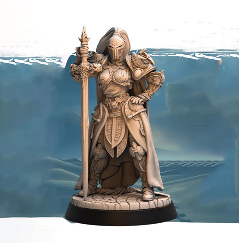 Female Paladin, Fighter, Crusader Knight, Sword D&D 5e Mini | 28mm, 32mm,54mm,75mm,100mm Scales | Dungeons and Dragons Pathfinder |