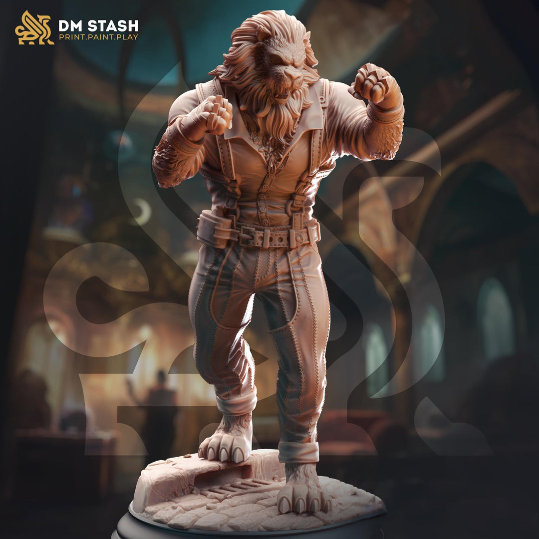 Leonin LionFolk Fighter Pugilist, Monk PC NPC Miniature | 28mm, 32mm, 54mm, 75mm, 100mm Scales | Pathfinder Figure DnD |