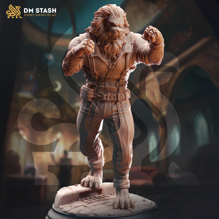 Leonin LionFolk Fighter Pugilist, Monk PC NPC Miniature | 28mm, 32mm, 54mm, 75mm, 100mm Scales | Pathfinder Figure DnD |