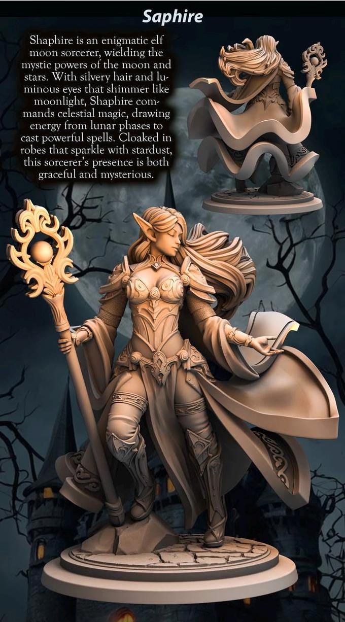 Elf Female Sorcerer, Wizard, Druid PC NPC Miniature NSFW Topless versions | 28mm,32mm,54mm,75mm,100mm Scales | DnD 5e | Unpainted figure