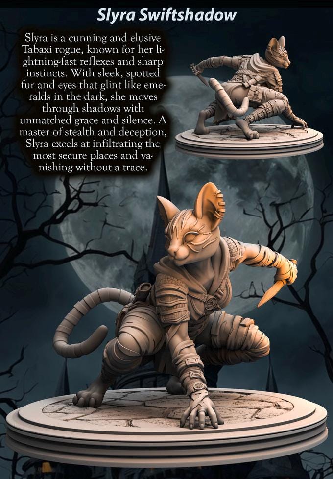 Female Tabaxi,Rogue, Swashbuckler, Werecat, Catfolk PC NPC | Also NSFW Topless |Unpainted Miniature 28mm,32mm,54mm,75mm,100mm Scales |DnD 5e