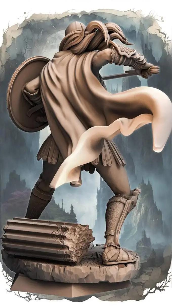 Female Battlemaster Fighter, Sword and Shield D&amp;D 5e Mini | 28mm, 32mm,54mm,75mm,100mm Scales | Dungeons and Dragons Pathfinder |