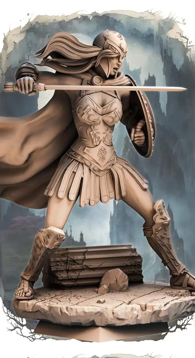 Female Battlemaster Fighter, Sword and Shield D&amp;D 5e Mini | 28mm, 32mm,54mm,75mm,100mm Scales | Dungeons and Dragons Pathfinder |