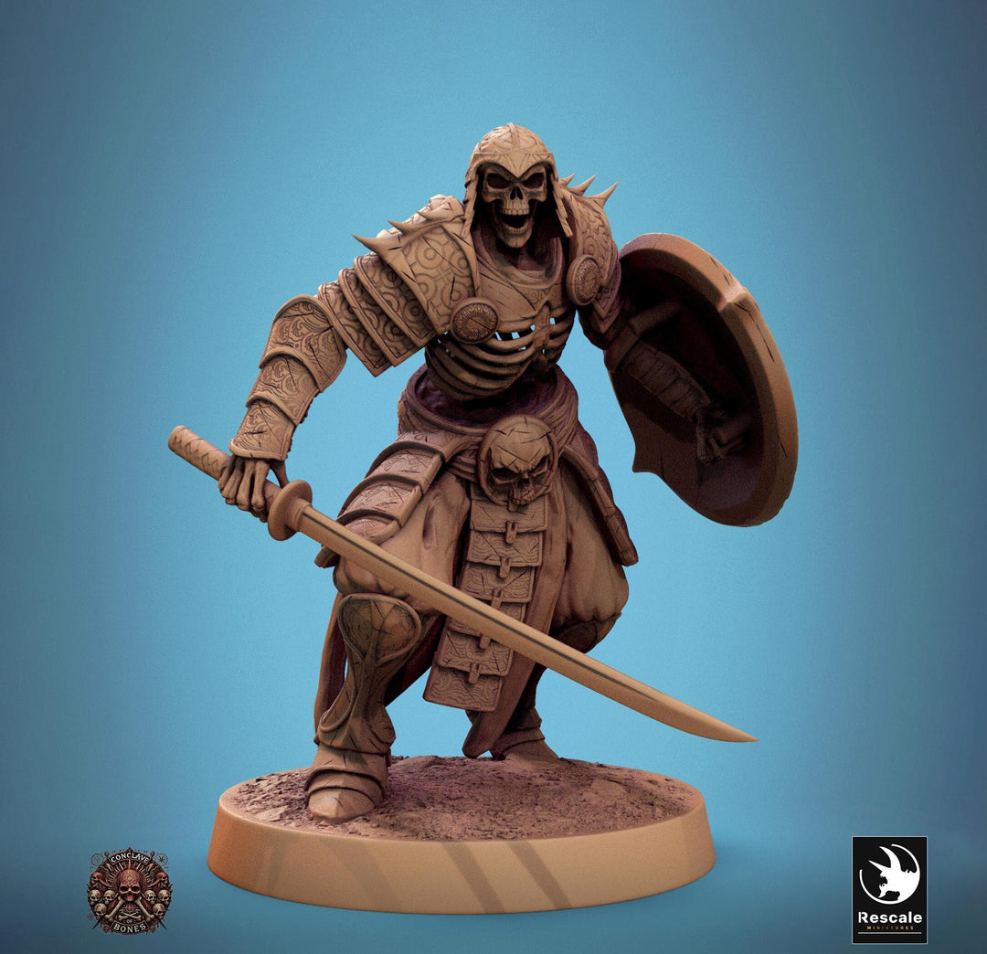 Skeleton Oriental Warrior Sword and Shield | Undead Unpainted miniature DnD | 28mm, 32mm, 54mm, 75mm,100mm | Pathfinder | Rescale Miniatures