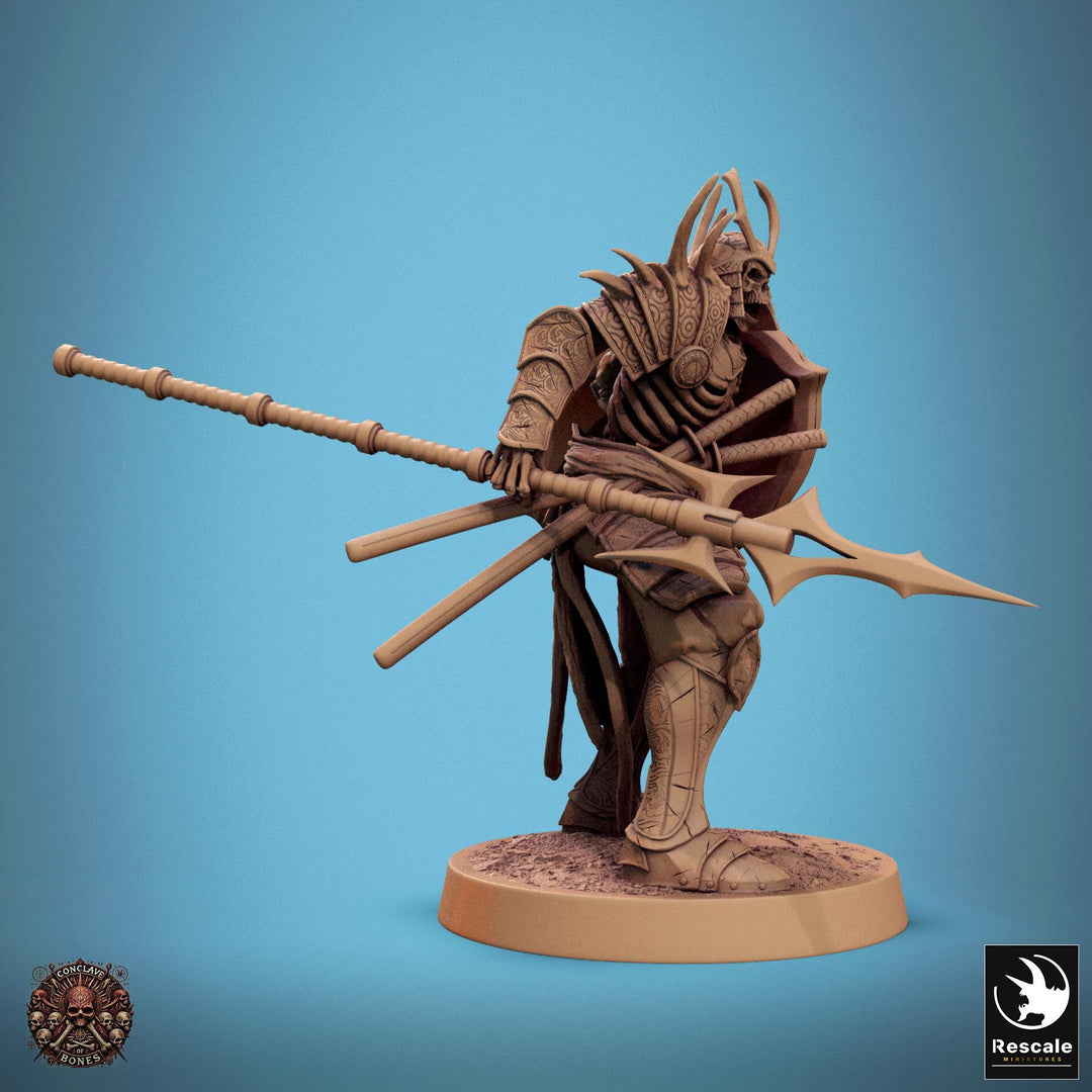 Skeleton Oriental Warrior Spear and Shield | Undead Unpainted miniature DnD | 28mm, 32mm, 54mm, 75mm,100mm | Pathfinder | Rescale Miniatures
