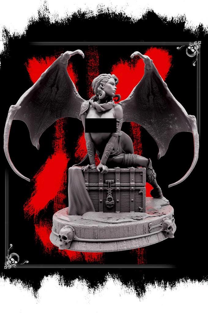 Succubus Female Demon Guarding Treasure Chest NPC also NSFW (topless) | 28mm,32mm,54mm,75mm,100mm Scales | Dungeons &amp; Dragons 5e |Pathfinder
