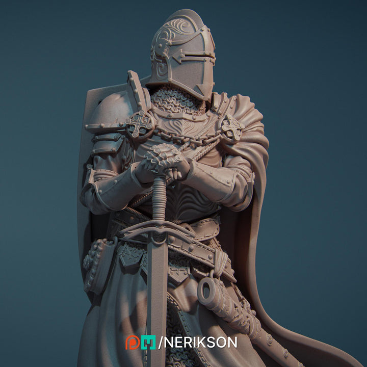 Human Paladin Fighter Sword &amp; Shield |Unpainted Miniature| 28mm,32mm,54mm,75mm,100mm Scales | Pathfinder Figure | DnD Figurine | NERIKSON