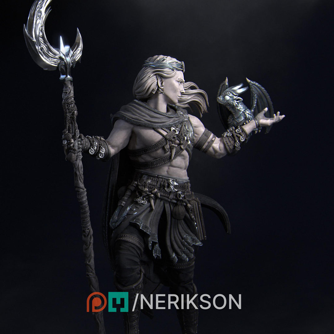 Elf Druid Circle of Moon, Stars with Staff UNPAIINTED Miniature | 28mm, 32mm,54mm,75mm,100mm,140mm Scales | Dungeons &amp; Dragons 5E | NERIKSON