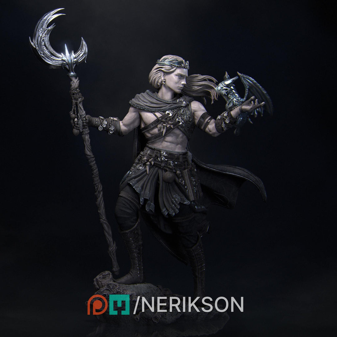 Elf Druid Circle of Moon, Stars with Staff UNPAIINTED Miniature | 28mm, 32mm,54mm,75mm,100mm,140mm Scales | Dungeons &amp; Dragons 5E | NERIKSON