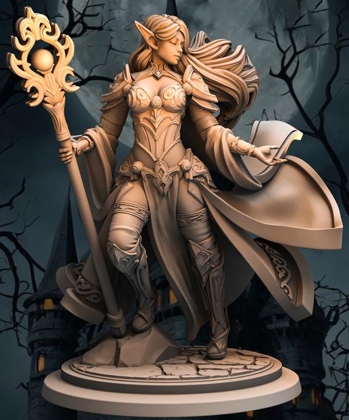 Elf Female Sorcerer, Wizard, Druid PC NPC Miniature NSFW Topless versions | 28mm,32mm,54mm,75mm,100mm Scales | DnD 5e | Unpainted figure