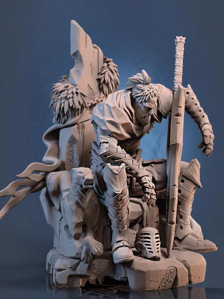 Broken Fighter King on throne D&amp;D 5e Unpainted Miniature| 28mm,32mm,54mm,75mm,100mm Scales | Pathfinder Figure | RPG | Figurine unpainted |