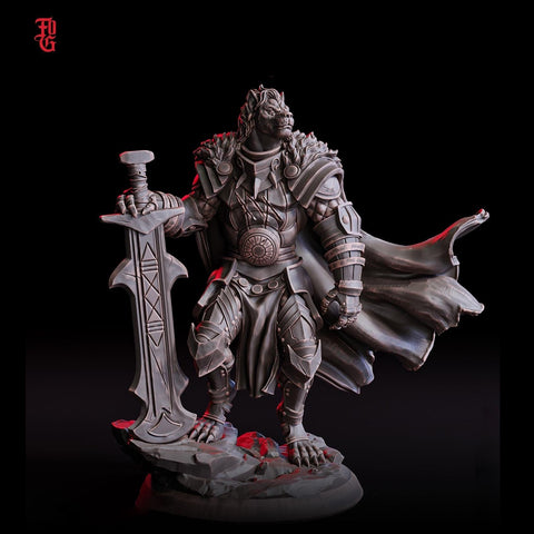 Leonin LionFolk Fighter in Armor | 28mm, 32mm, 54mm, 75mm Scales,100mm Tall | Dungeons and Dragons D&D 5e | Pathfinder| Daybreak Miniatures
