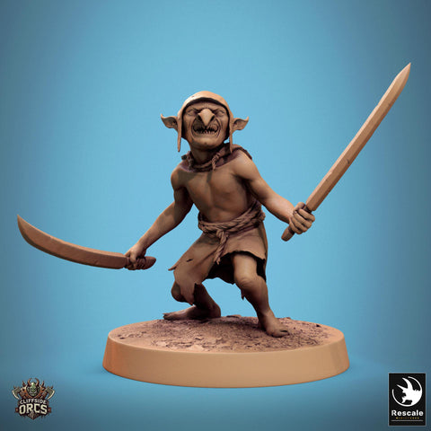 Goblin Dual Swords Fighter | D&D 5e UNPAINTED | 28mm, 32mm,54mm,75mm, 100mm scale| Pathfinder | Figure for Painting| Rescale Miniatures