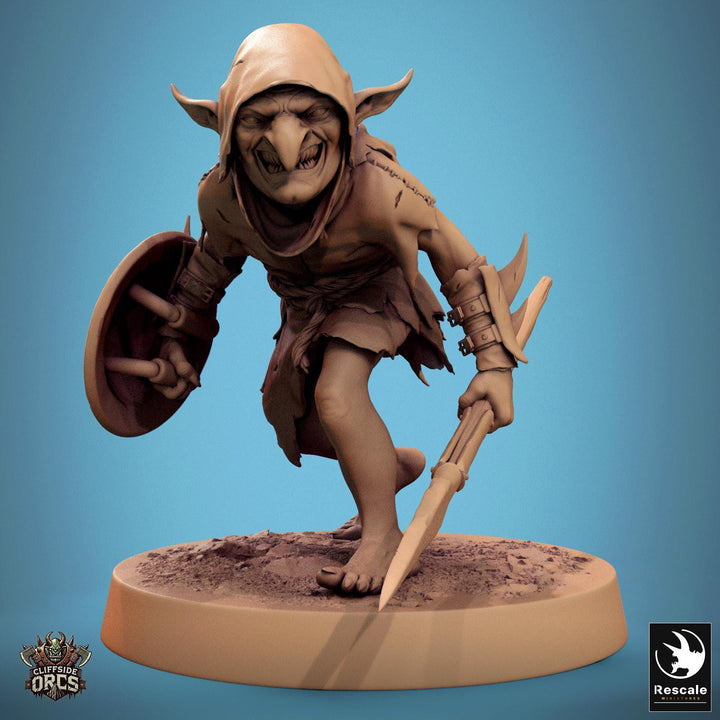 Goblin Spear and Shield Fighter | D&amp;D 5e UNPAINTED | 28mm, 32mm,54mm,75mm, 100mm scale| Pathfinder | Figure for Painting| Rescale Miniatures
